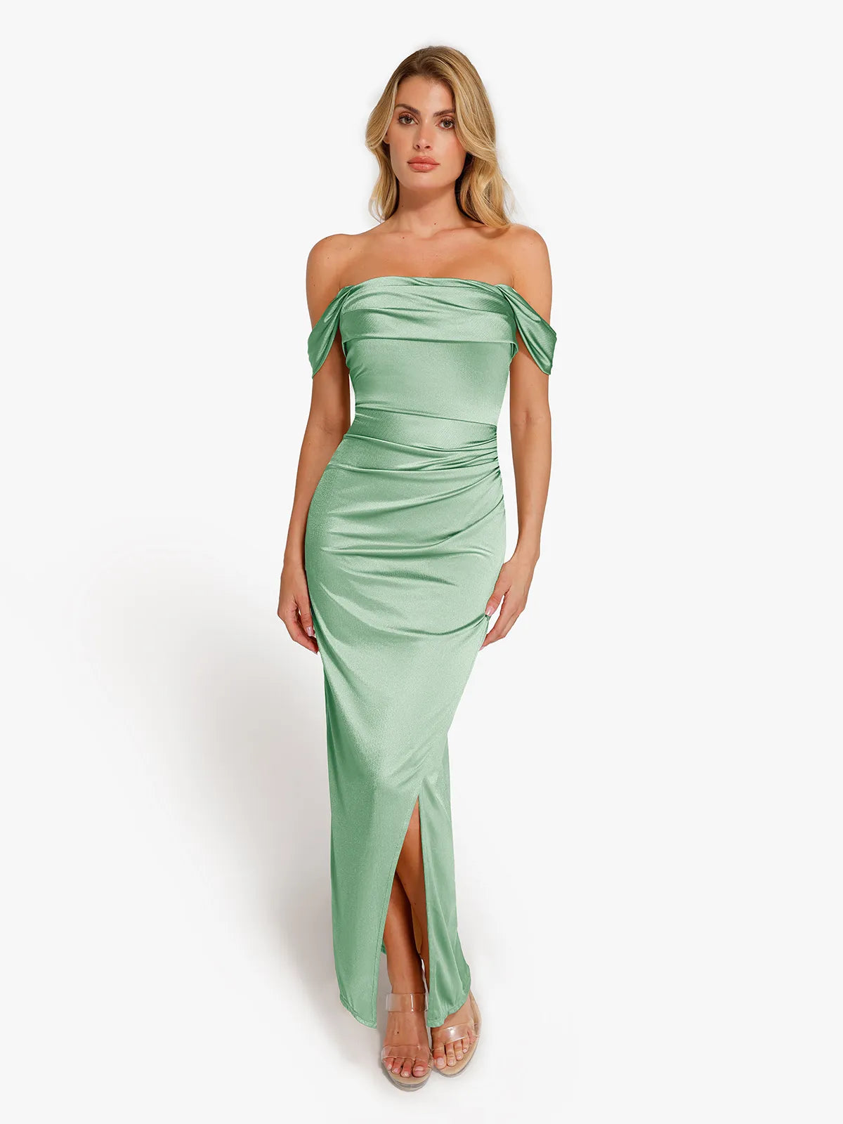 Shapewear Off Shoulder Shine Ruched Sculpting Maxi Dress