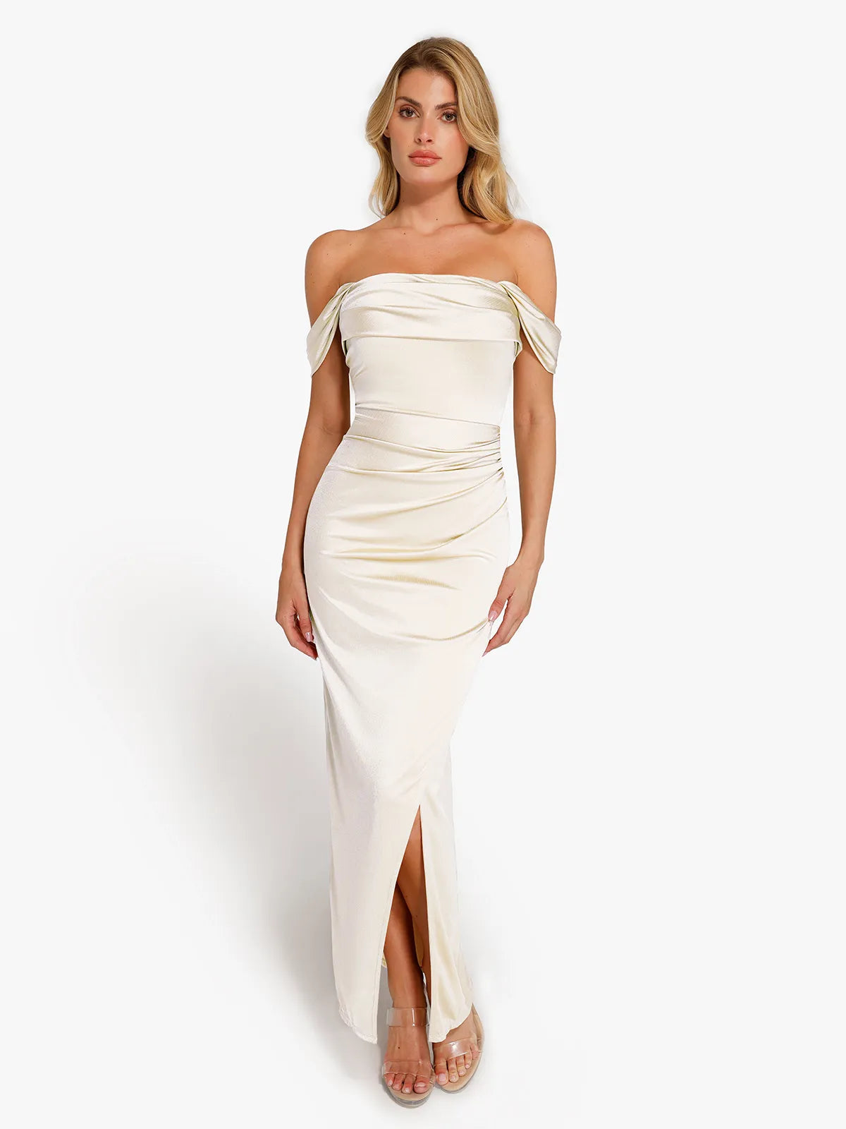 Shapewear Off Shoulder Shine Ruched Sculpting Maxi Dress