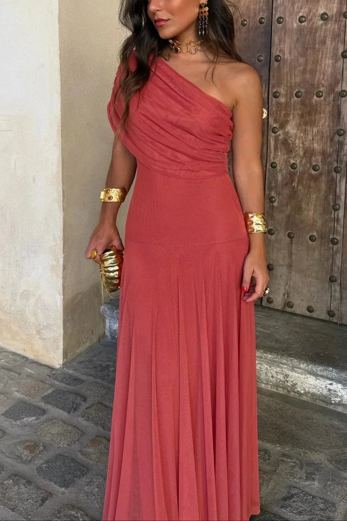Long Summer Women's Pleated One-Shoulder Dress