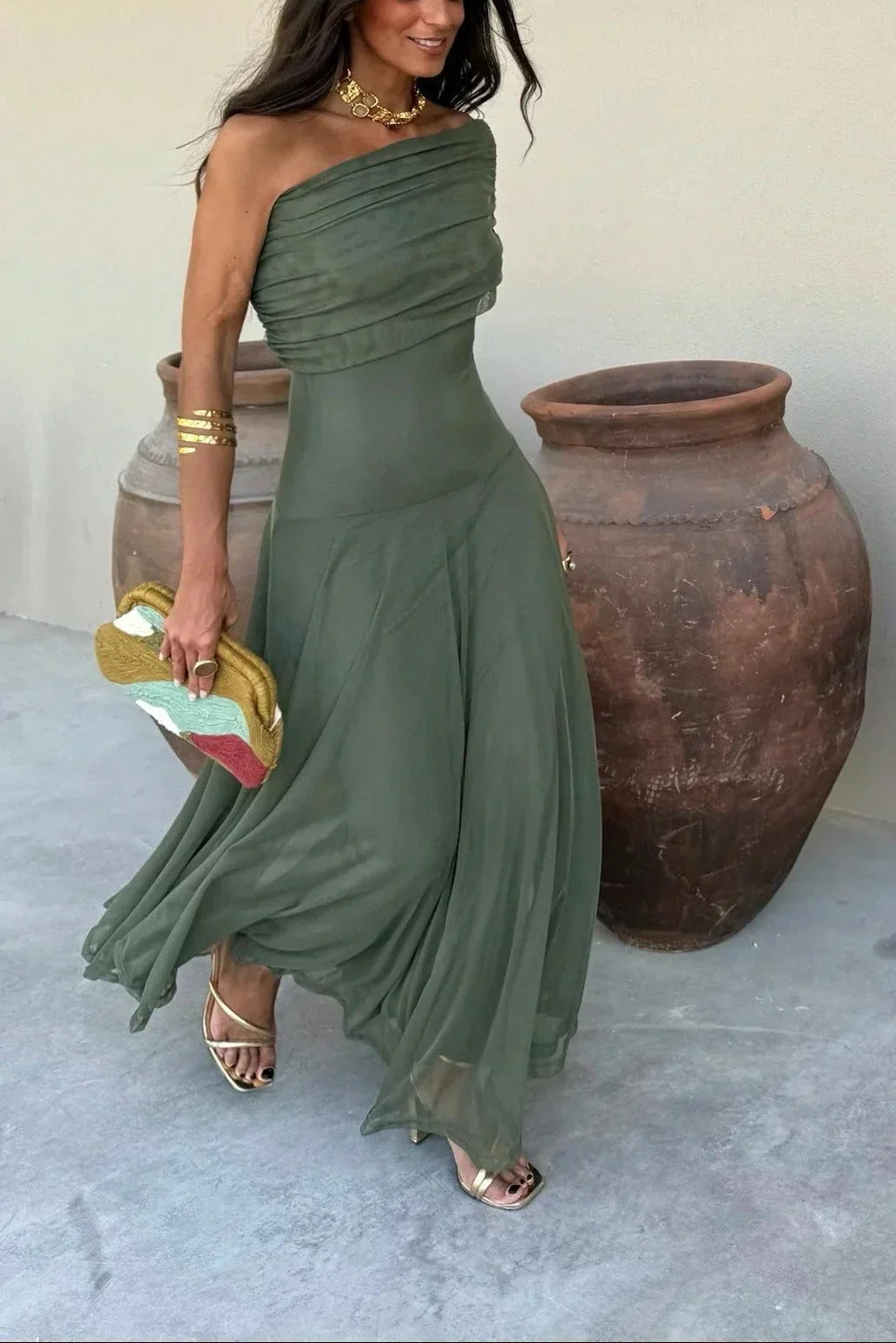 Long Summer Women's Pleated One-Shoulder Dress