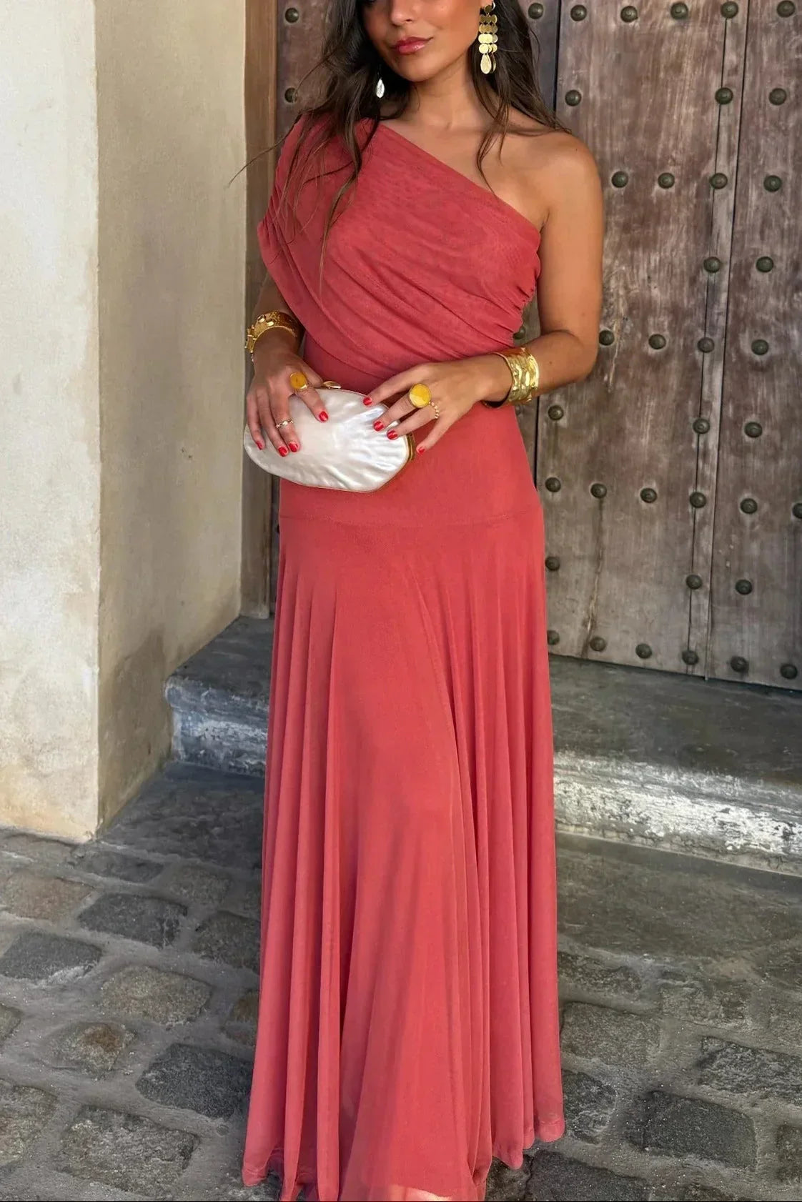 Long Summer Women's Pleated One-Shoulder Dress