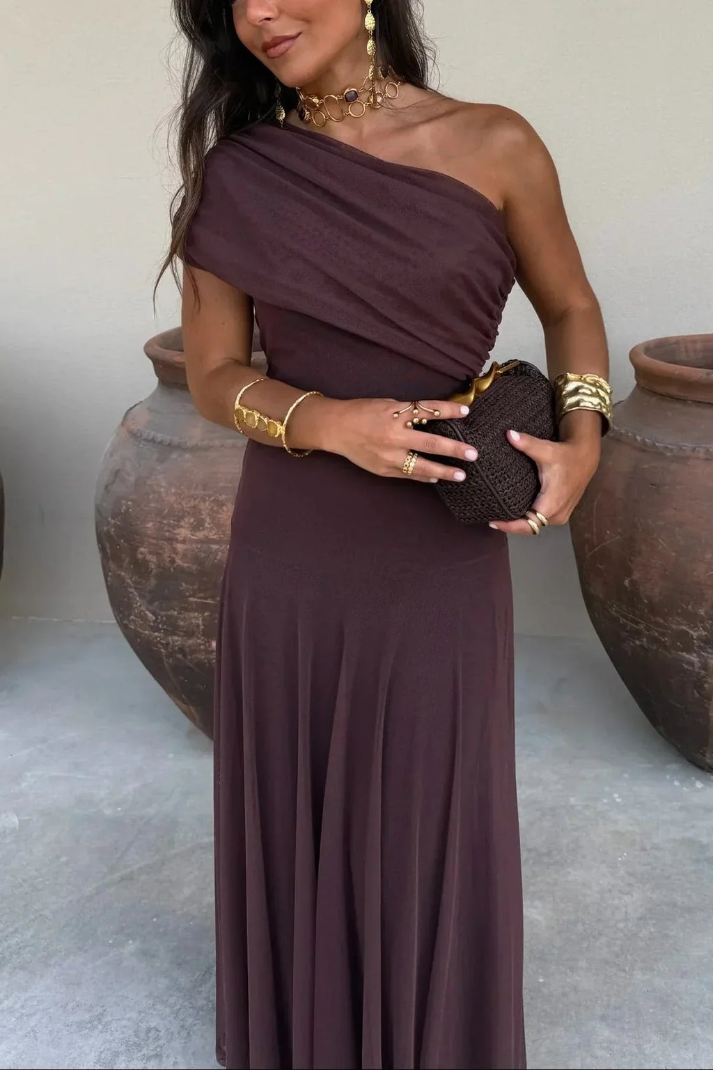 Long Summer Women's Pleated One-Shoulder Dress