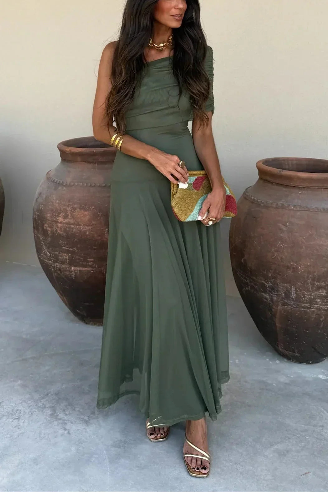 Long Summer Women's Pleated One-Shoulder Dress