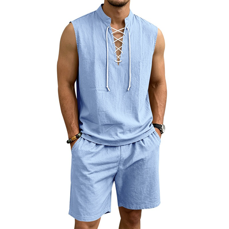 Linen Sleeveless Lace-Up Top & Shorts Set