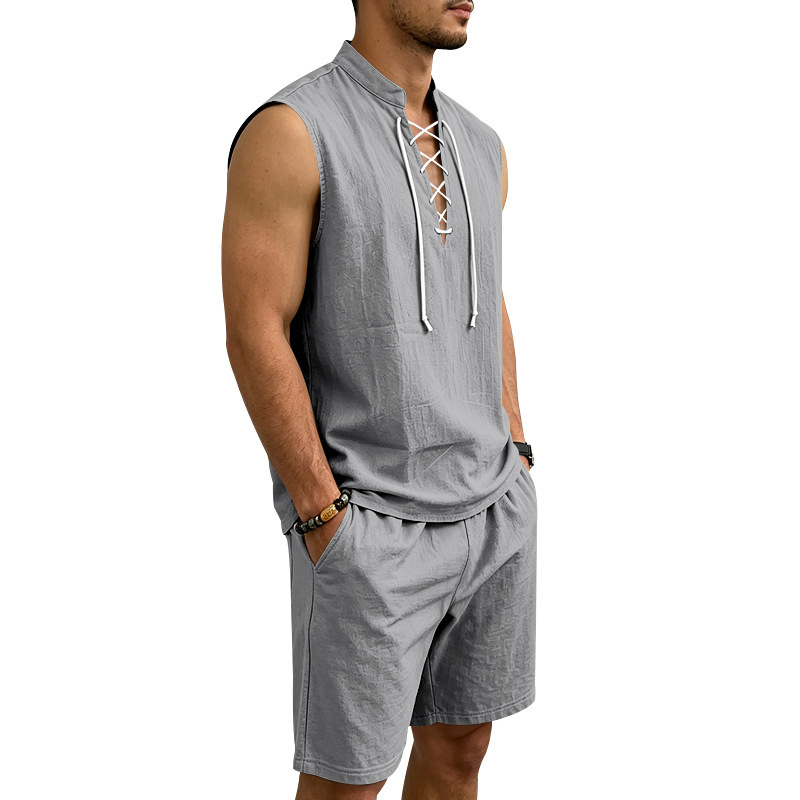 Linen Sleeveless Lace-Up Top & Shorts Set