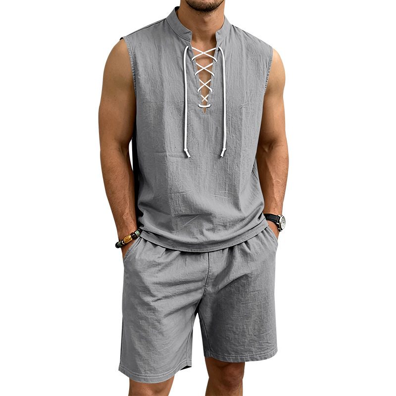 Linen Sleeveless Lace-Up Top & Shorts Set