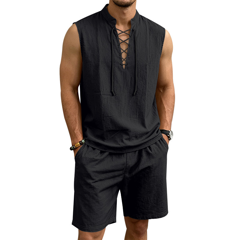 Linen Sleeveless Lace-Up Top & Shorts Set
