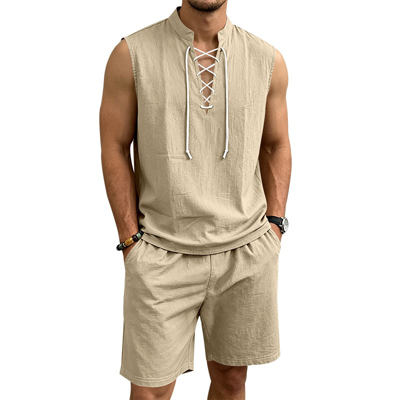 Linen Sleeveless Lace-Up Top & Shorts Set