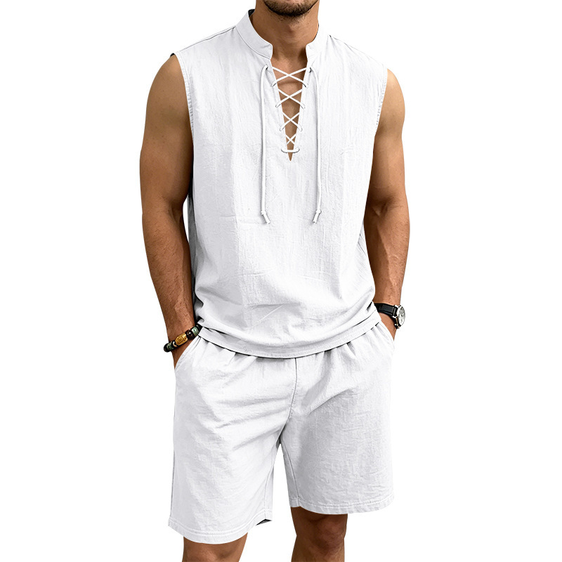 Linen Sleeveless Lace-Up Top & Shorts Set