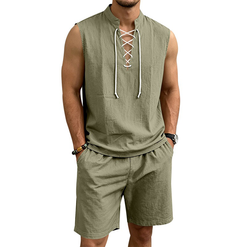 Linen Sleeveless Lace-Up Top & Shorts Set