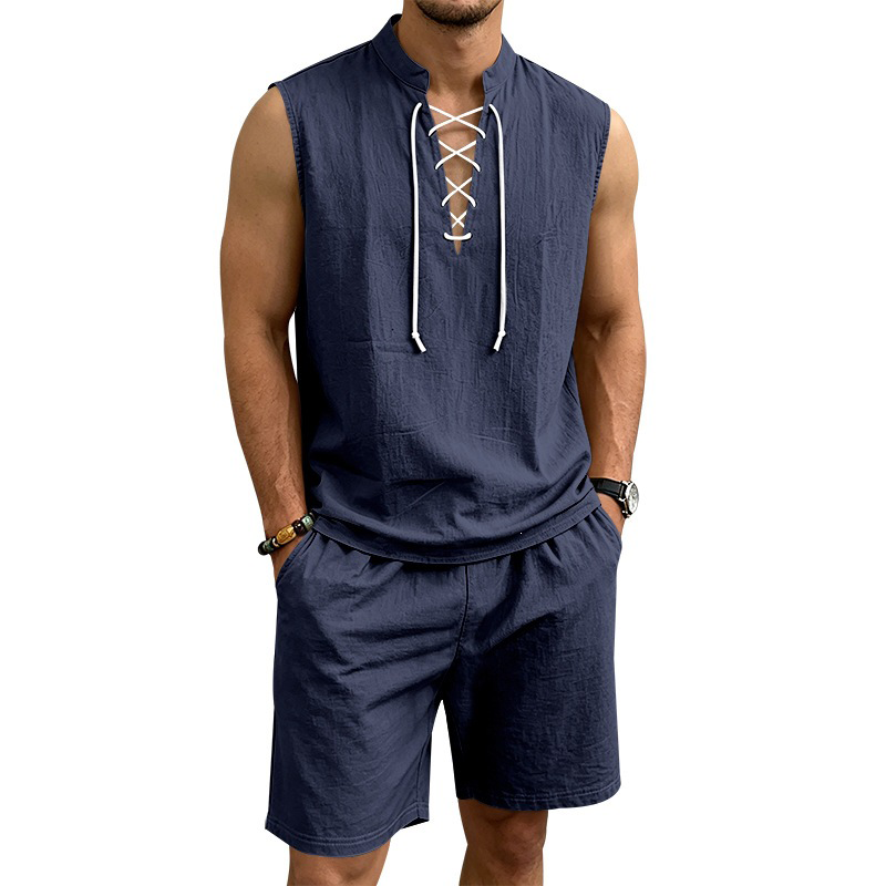 Linen Sleeveless Lace-Up Top & Shorts Set
