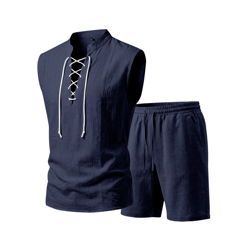 Linen Sleeveless Lace-Up Top & Shorts Set