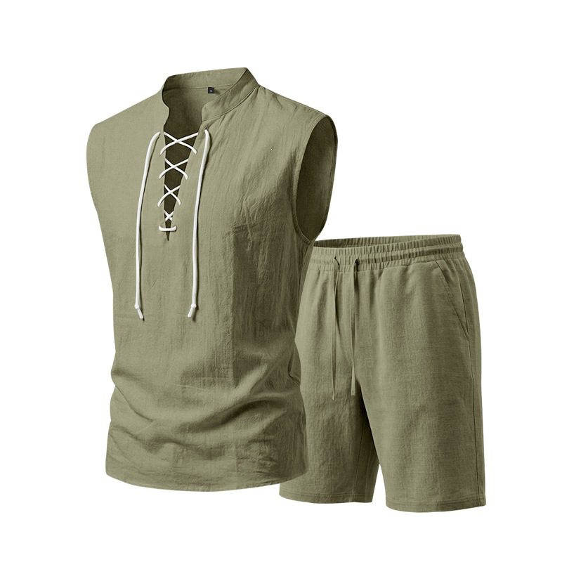 Linen Sleeveless Lace-Up Top & Shorts Set