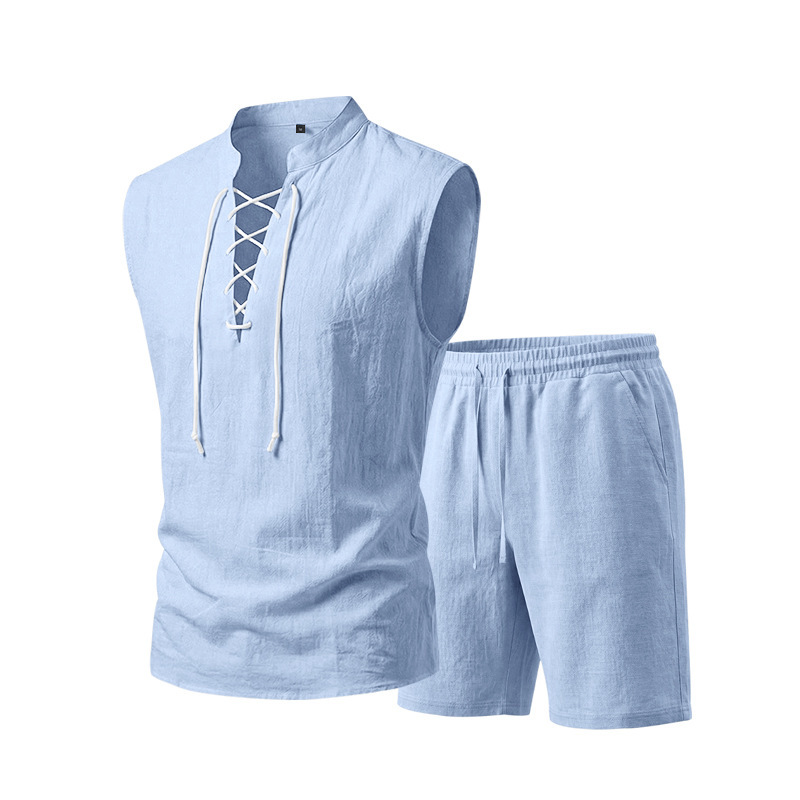 Linen Sleeveless Lace-Up Top & Shorts Set
