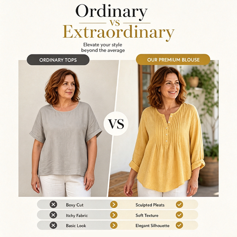 Summer Relaxed-Fit Long Sleeve Henley Top with Pleated detail