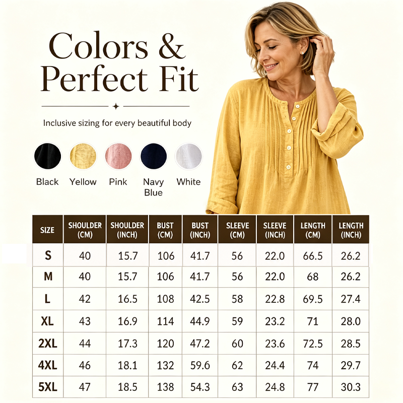 Summer Relaxed-Fit Long Sleeve Henley Top with Pleated detail
