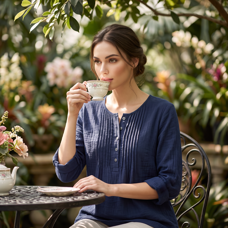 Summer Relaxed-Fit Long Sleeve Henley Top with Pleated detail