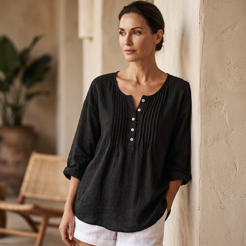 Summer Relaxed-Fit Long Sleeve Henley Top with Pleated detail