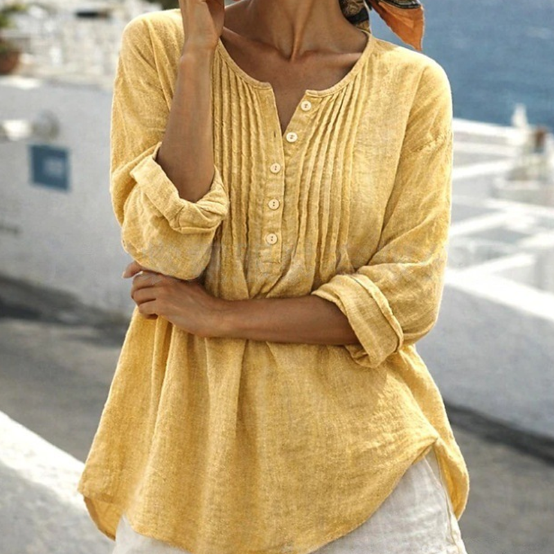 Summer Relaxed-Fit Long Sleeve Henley Top with Pleated detail