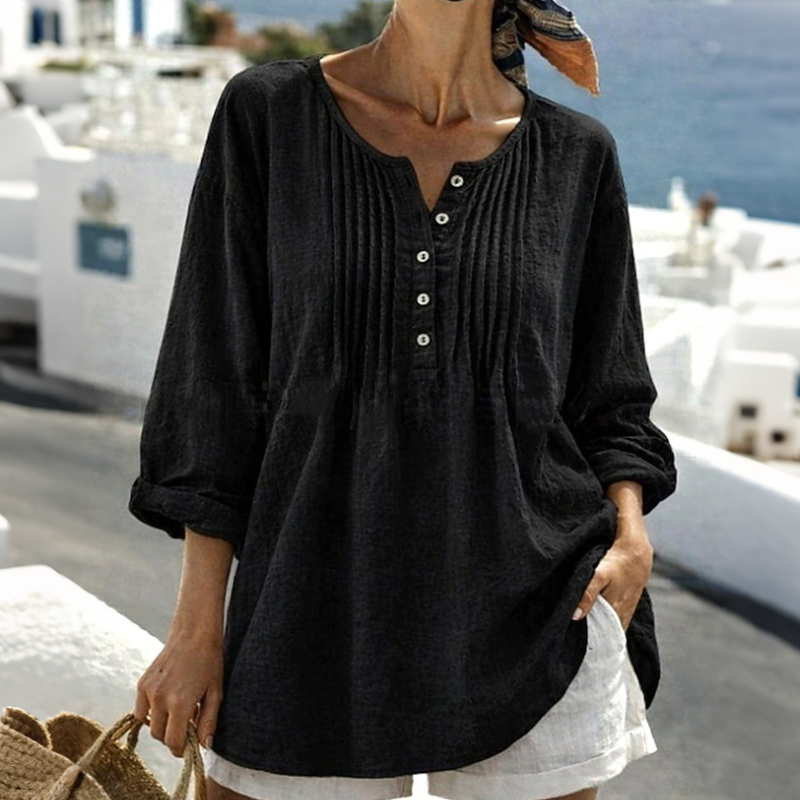 Summer Relaxed-Fit Long Sleeve Henley Top with Pleated detail