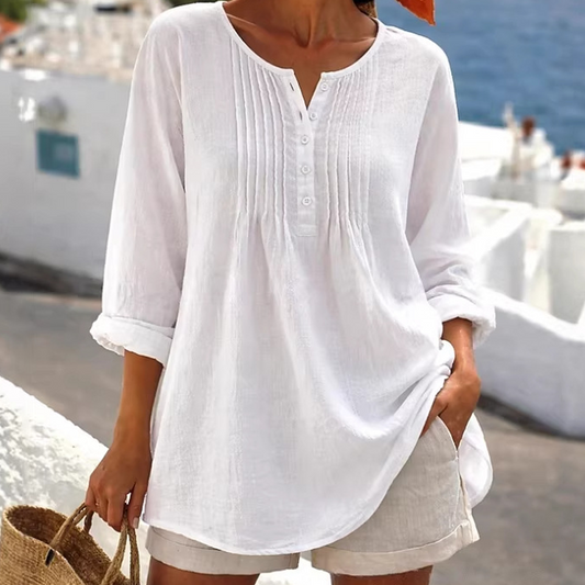 Summer Relaxed-Fit Long Sleeve Henley Top with Pleated detail