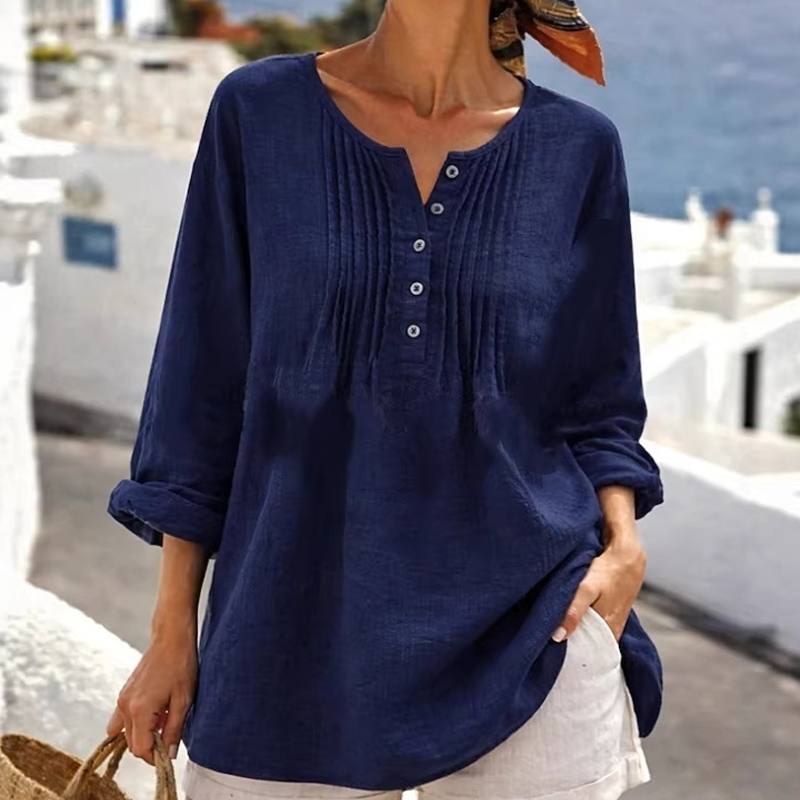 Summer Relaxed-Fit Long Sleeve Henley Top with Pleated detail