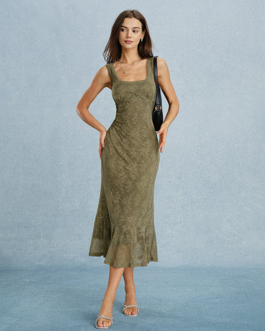 Diana Green Lace Floral Midi Dress