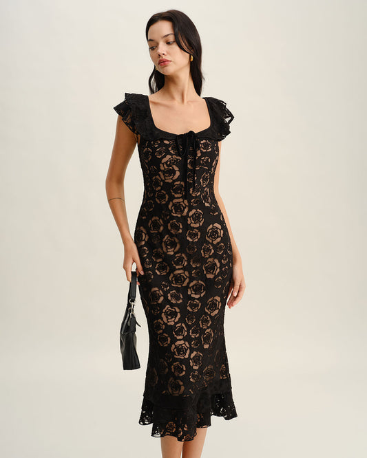 The Vittore Black Textured Ruffle Mermaid Midi Dress