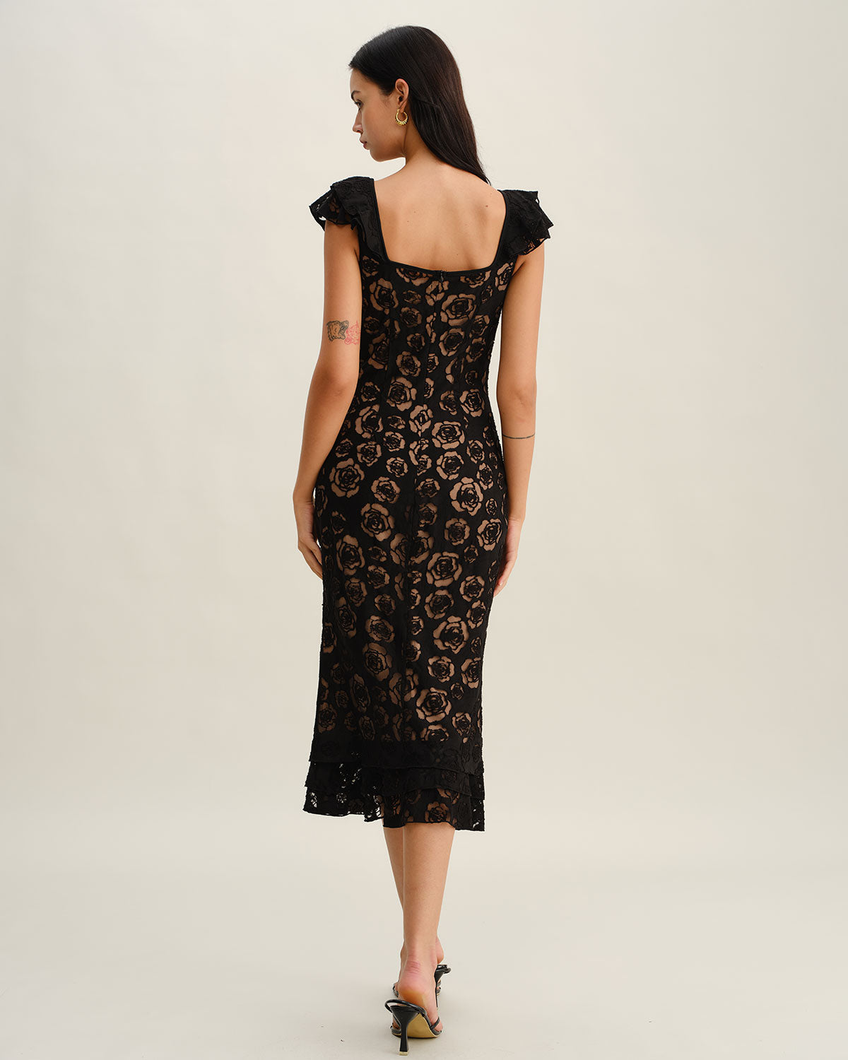 The Vittore Black Textured Ruffle Mermaid Midi Dress
