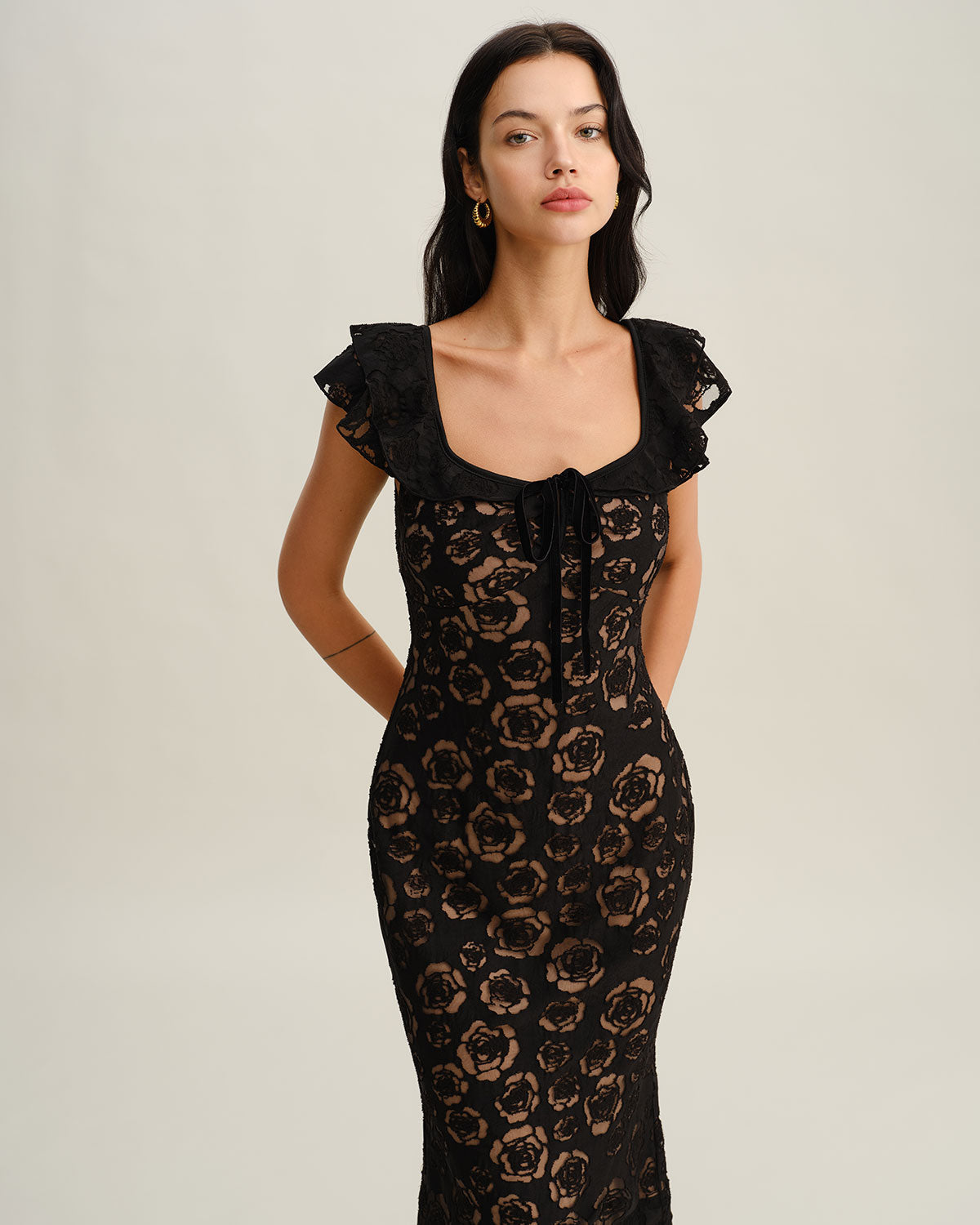 The Vittore Black Textured Ruffle Mermaid Midi Dress
