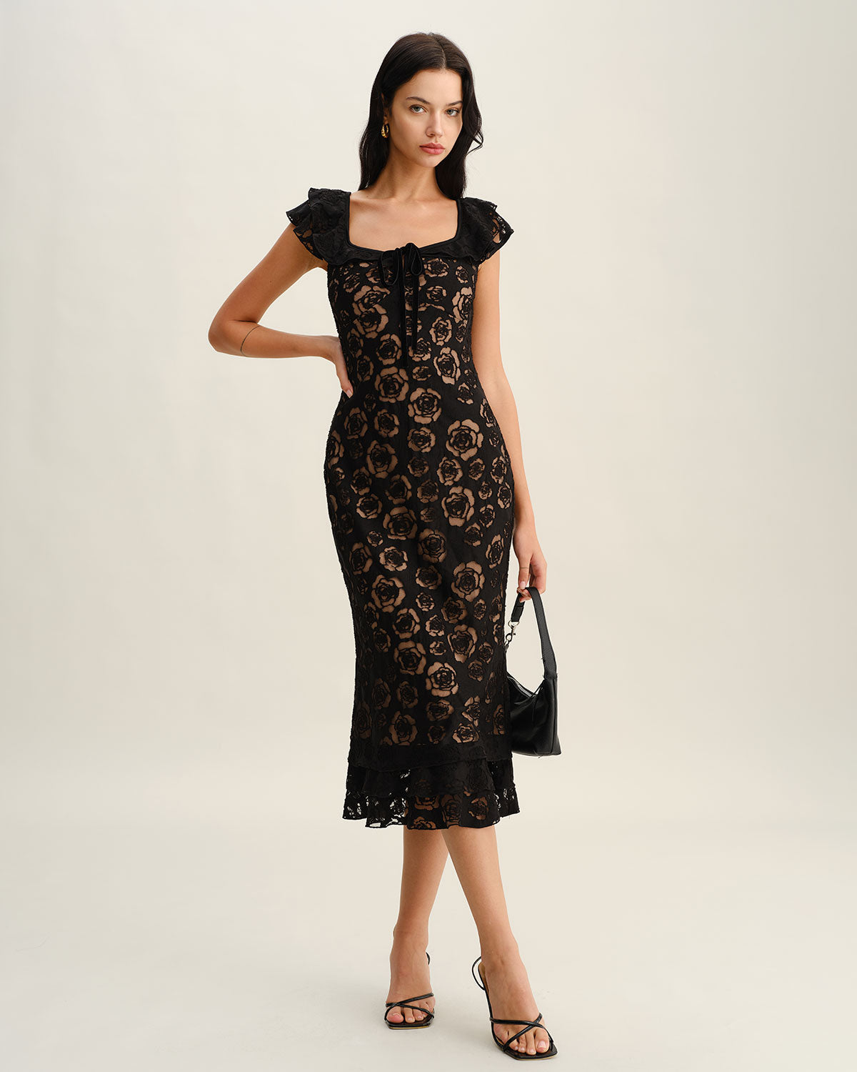 The Vittore Black Textured Ruffle Mermaid Midi Dress