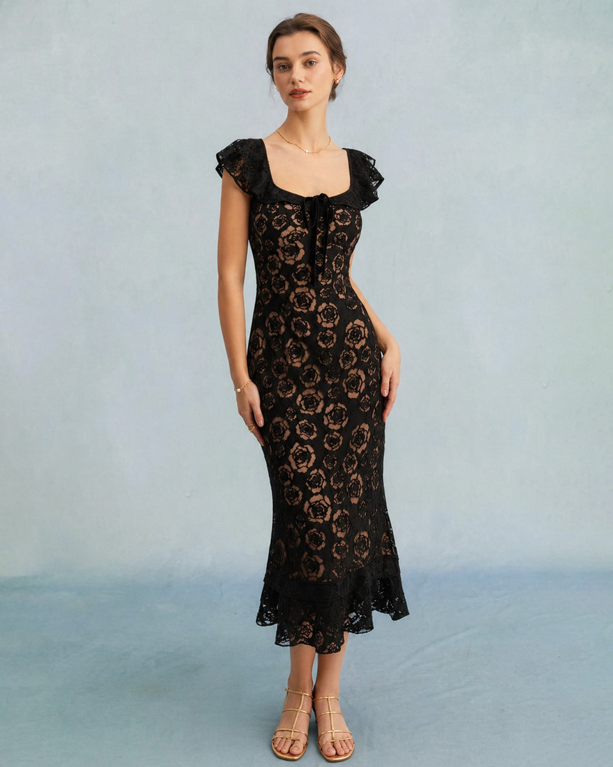 The Vittore Black Textured Ruffle Mermaid Midi Dress
