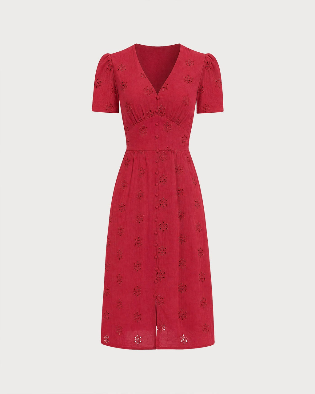 Red V Neck Embroidery Midi Dress