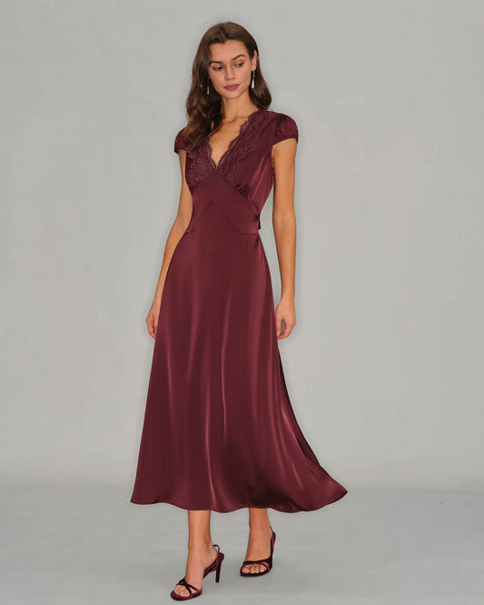 The Vittore Wine Red V Neck Lace Maxi Dress