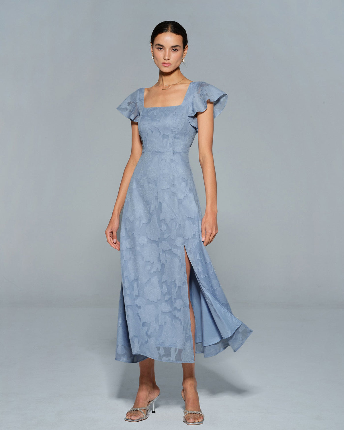 The Vittore blue Floral Square Neck Midi Dress