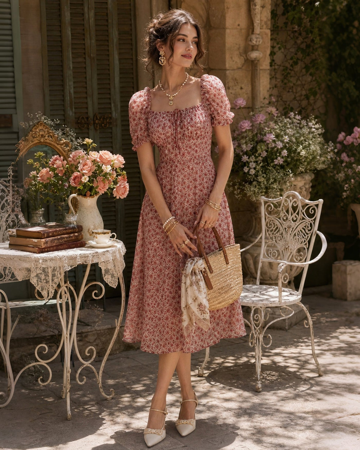 The Vittore Pink Square Neck Floral Chiffon Midi Dress