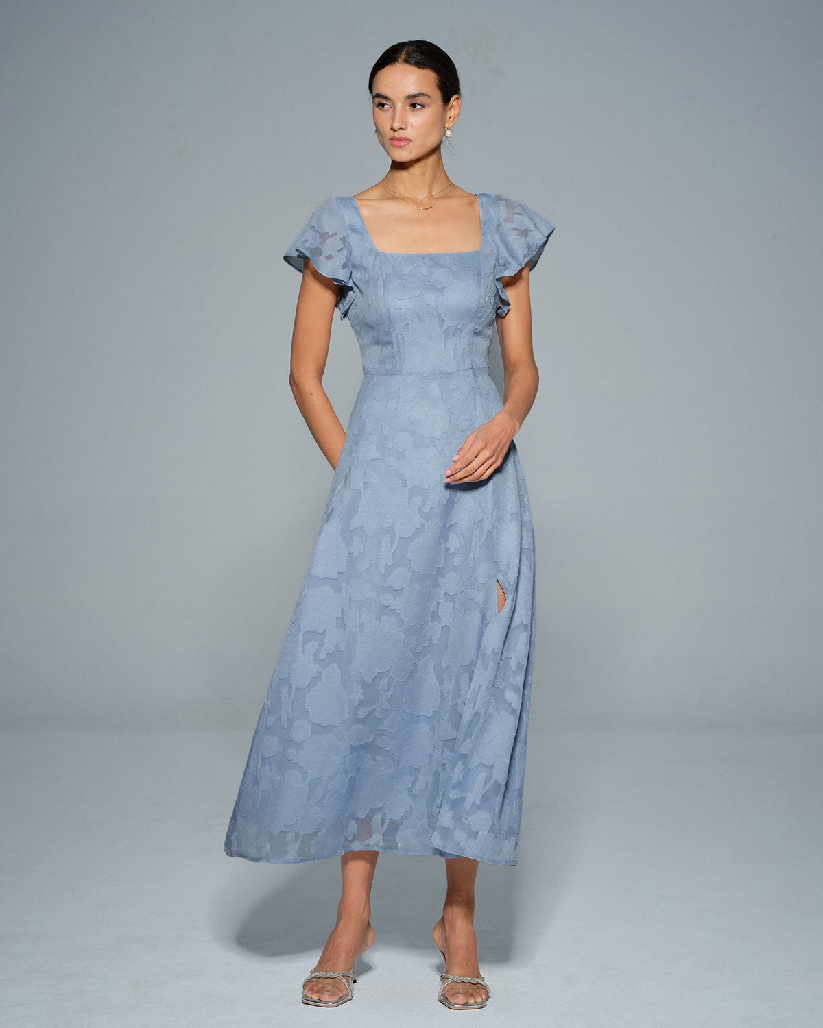The Vittore blue Floral Square Neck Midi Dress