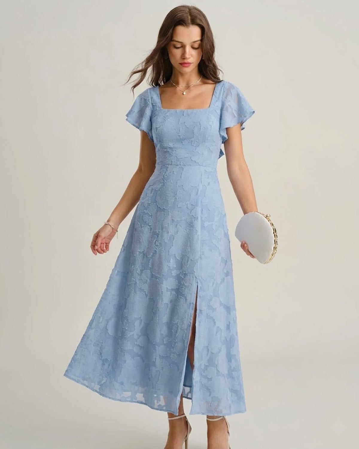 The Vittore blue Floral Square Neck Midi Dress