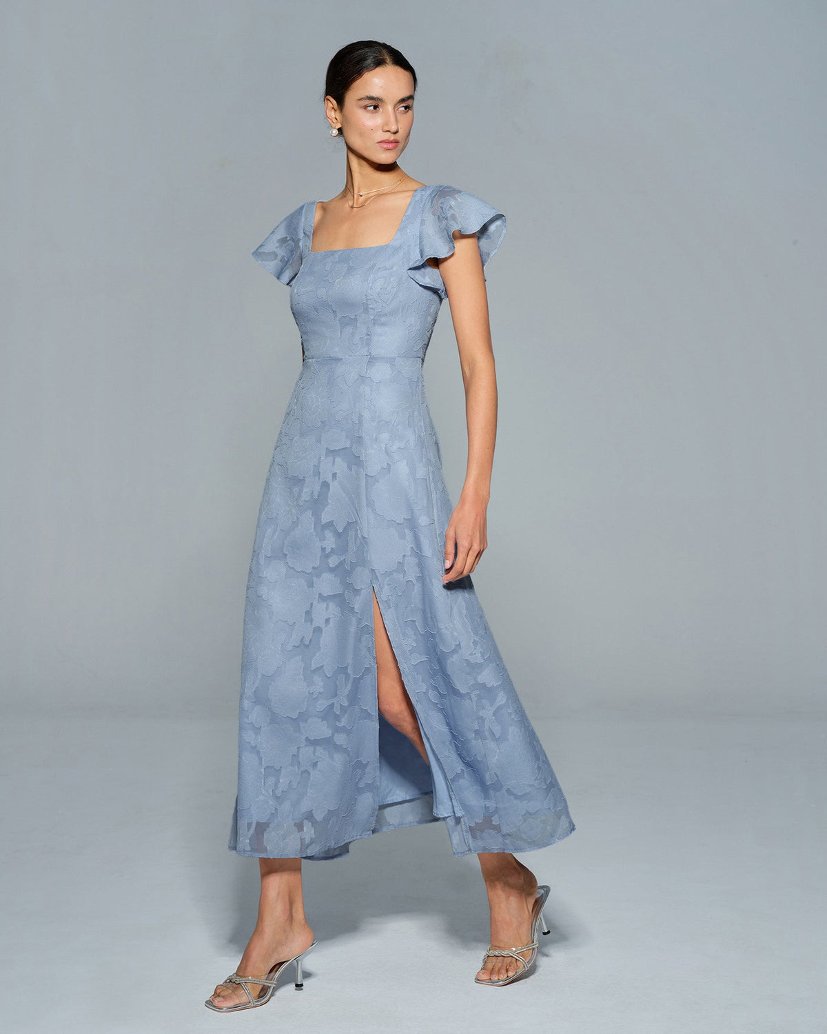 The Vittore blue Floral Square Neck Midi Dress