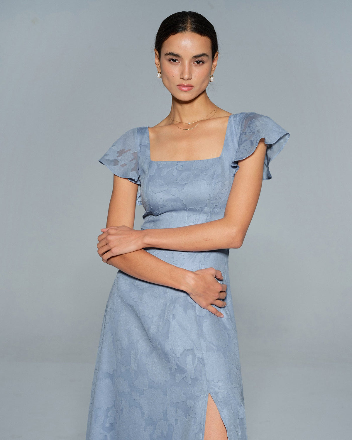 The Vittore blue Floral Square Neck Midi Dress