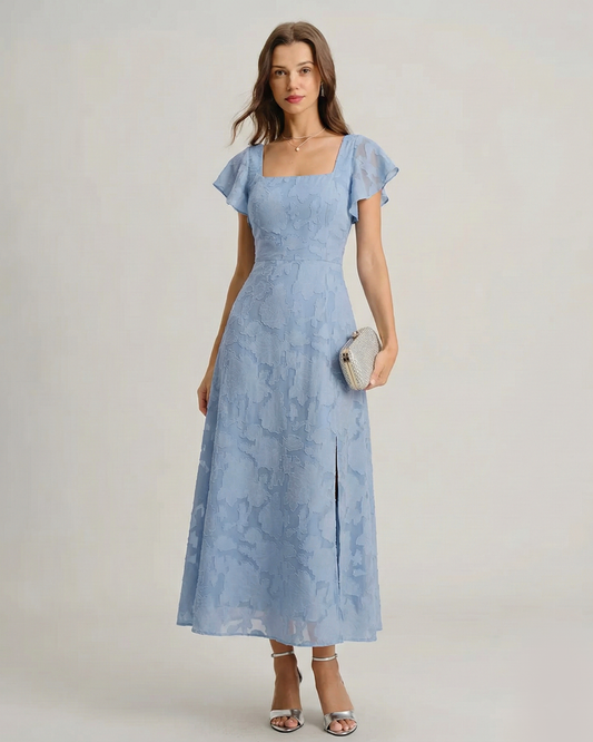 The Vittore blue Floral Square Neck Midi Dress