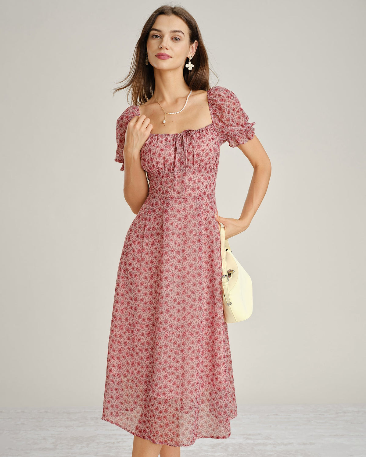 The Vittore Pink Square Neck Floral Chiffon Midi Dress