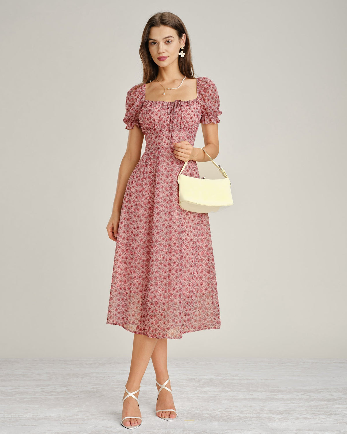 The Vittore Pink Square Neck Floral Chiffon Midi Dress