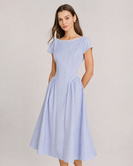The Vittore Blue Boat Neck Shirred Midi Dress