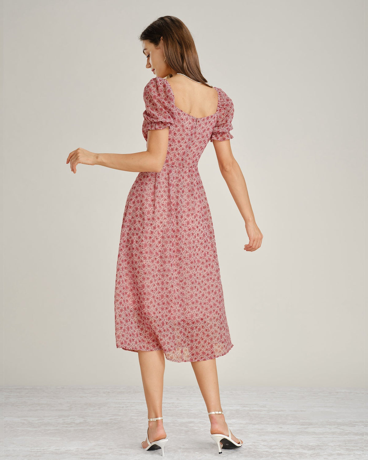 The Vittore Pink Square Neck Floral Chiffon Midi Dress