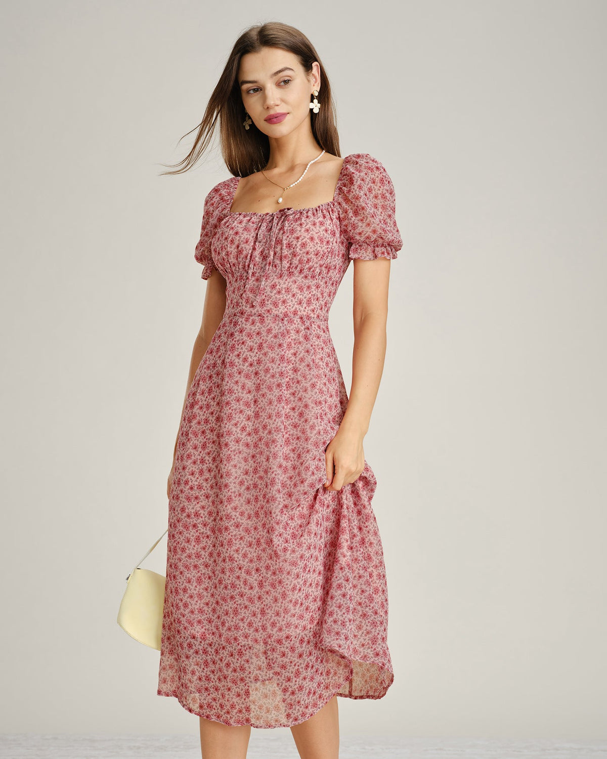 The Vittore Pink Square Neck Floral Chiffon Midi Dress