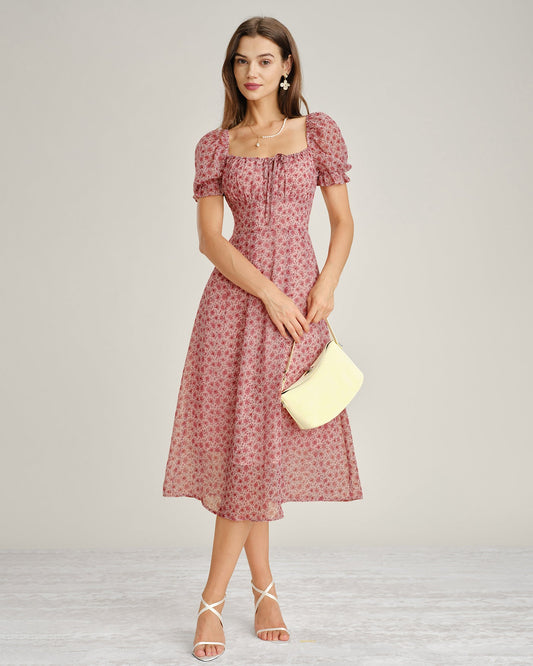 The Vittore Pink Square Neck Floral Chiffon Midi Dress